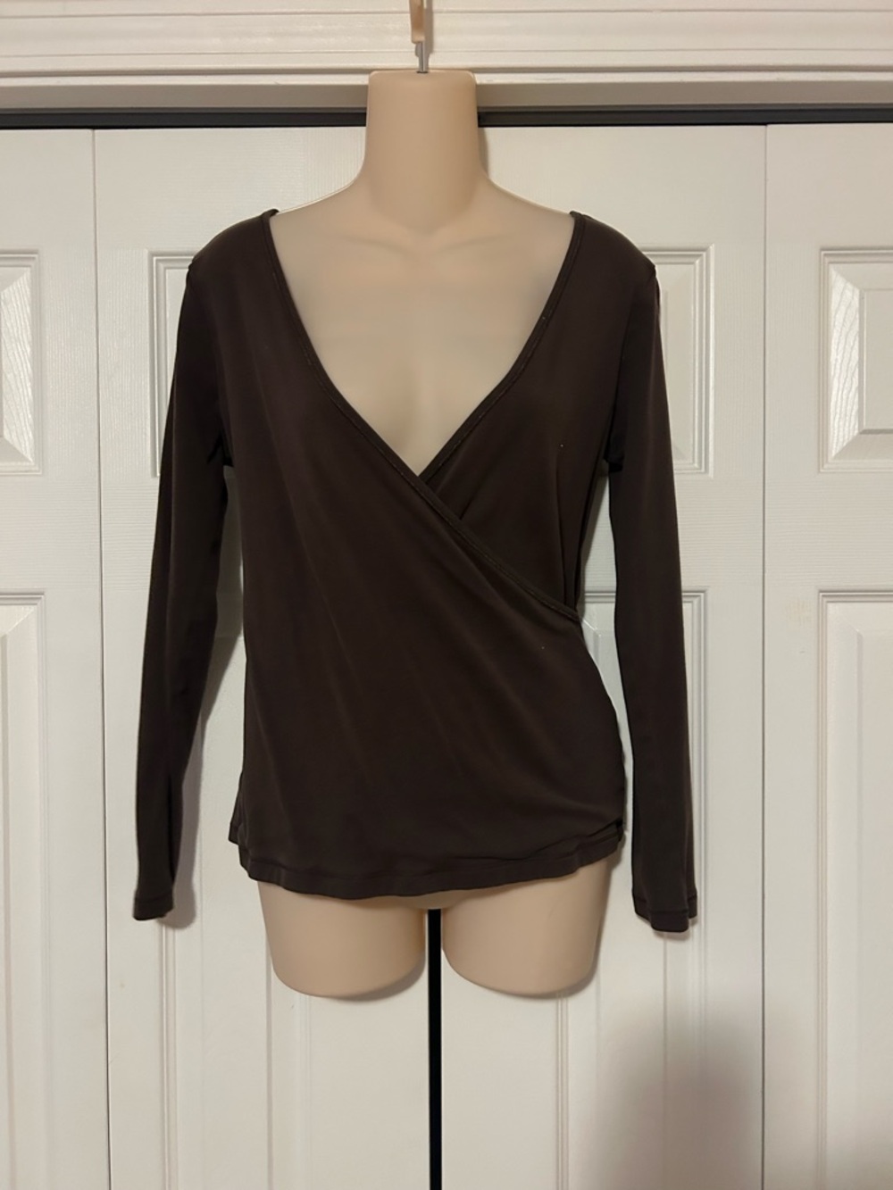 Long-Sleeve Brown Wrap-Front V-Neck Top